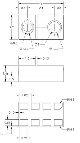 圖一 : Photologic V OPB9000 反射光學(xué)感測(cè)器的封裝尺寸和規(guī)格