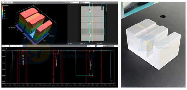 圖二 : 宜特配備的表面3D輪廓量測儀,透過一次掃描階高塊(右圖),透過分析操作即可獲取面上所有需求的階差、面尺寸。(圖片來源:宜特科技)