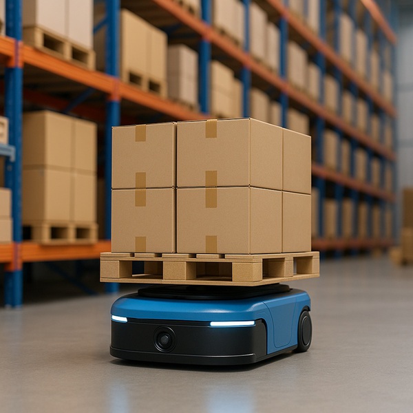 圖一 : 自動搬運車(AMR)在倉庫內搬運貨物,展現自動化降低人力依賴。