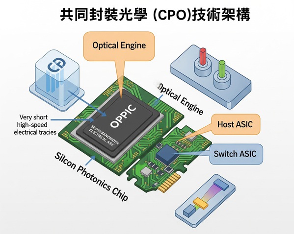圖四 : CPO架構提出了一個解決方案,將光學收發引擎(包含雷射、調變器、探測器等)與交換器ASIC等電子晶片共同整合在同一個封裝基板上。