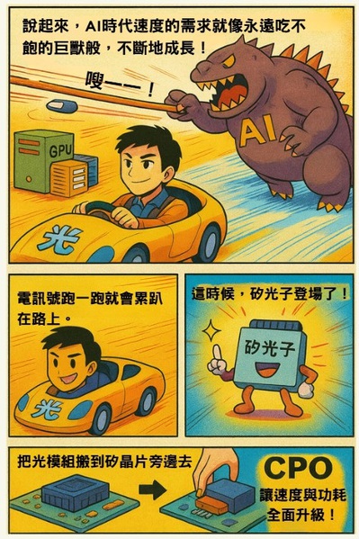 圖二 : CPO可讓電訊號(hào)的速度與功耗表現(xiàn)全面升級(jí)。